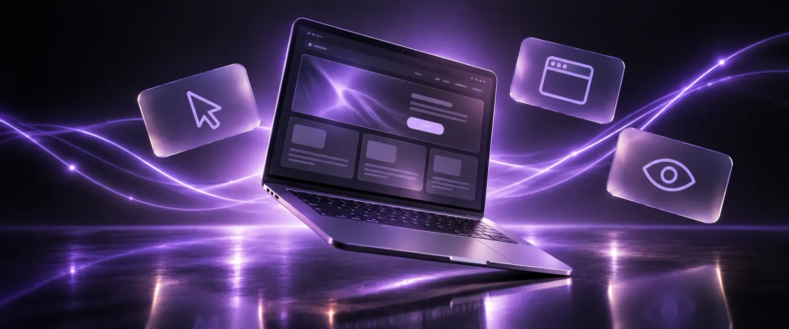 Ilustración de un laptop con el wireframe de un sitio web y tarjetas flotantes sobre fondo oscuro con resplandor lavanda
