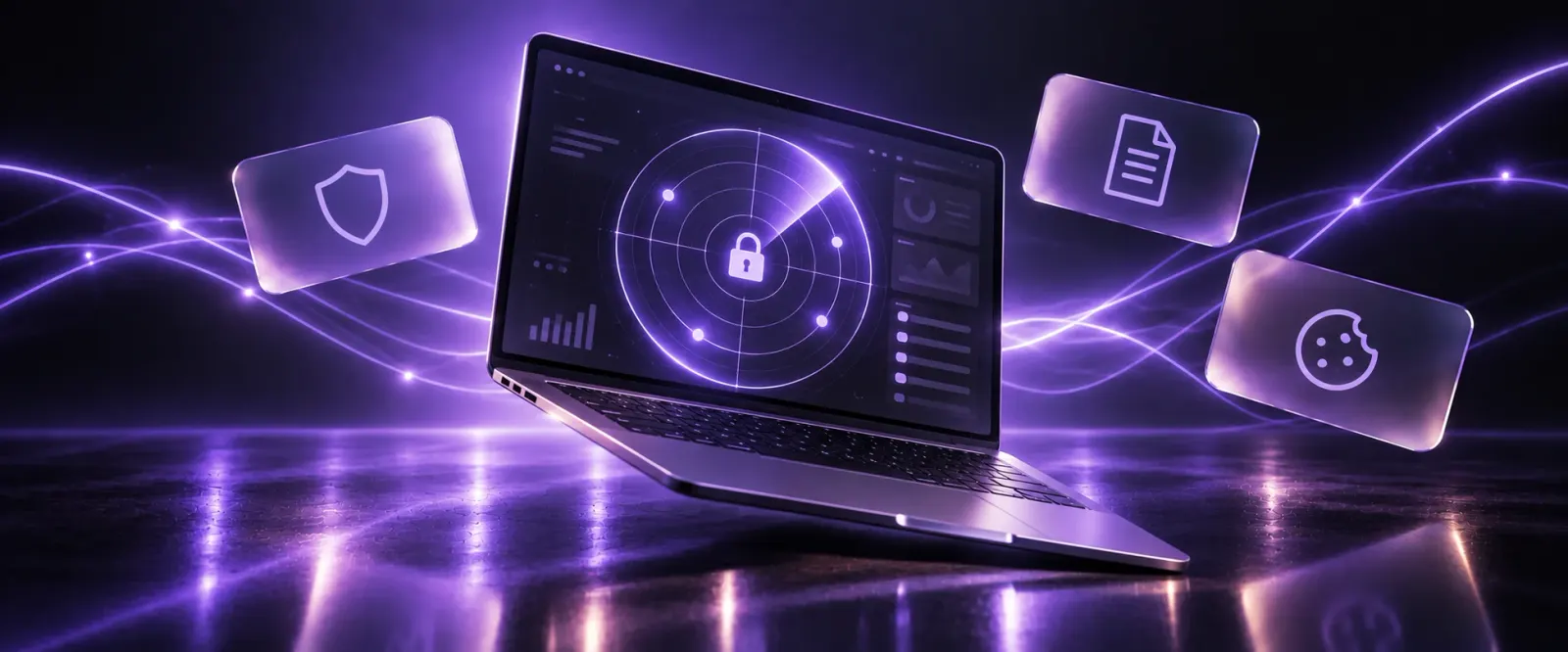 Ilustración de un laptop con un radar y candado en pantalla y tarjetas flotantes de protección de datos sobre fondo oscuro con resplandor lavanda