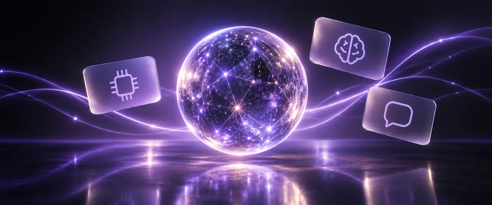 Ilustración de una esfera holográfica de inteligencia artificial con tarjetas flotantes sobre fondo oscuro con resplandor lavanda